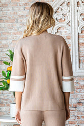 Stylish Contrast V Neck Ribbed Knit Top with Chic Detailing
